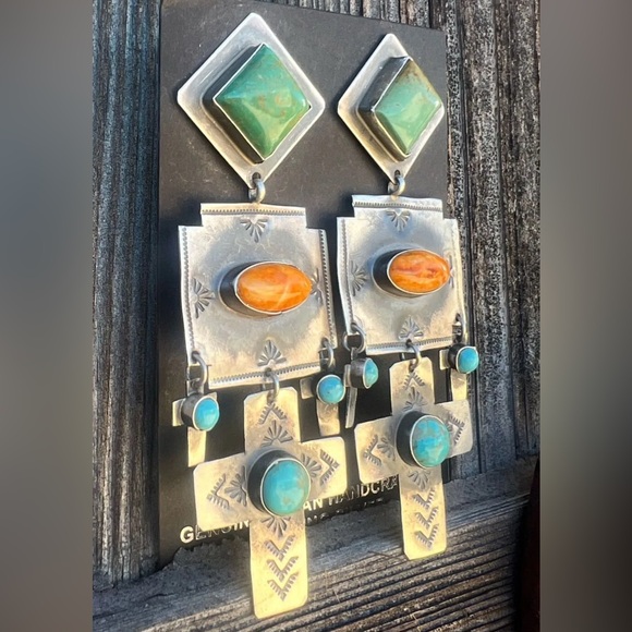 Native American Jewelry - Navajo XL Rita Lee Turquoise & Spiny Cross Sterling Silver Earrings